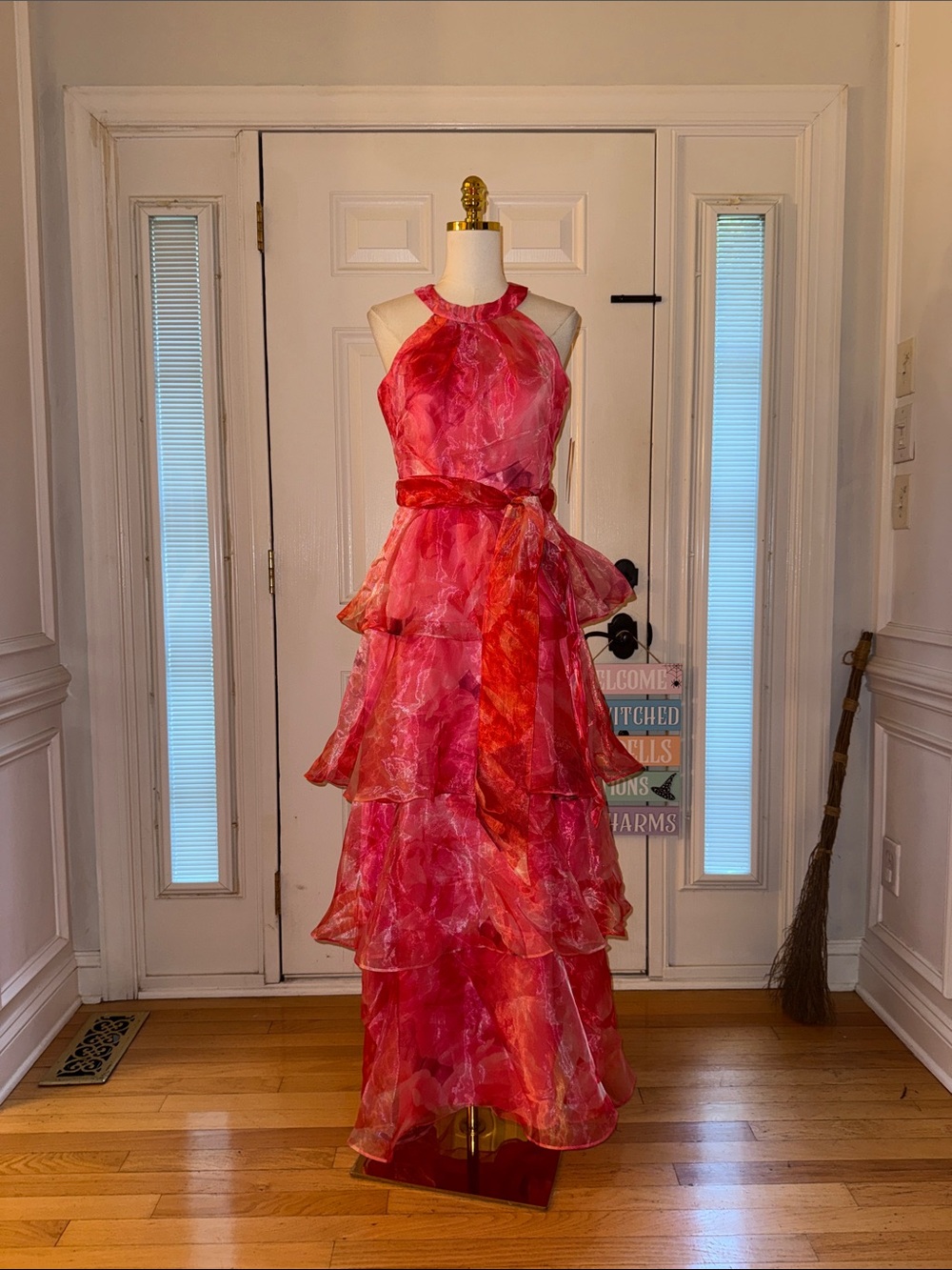 Eliza J Halter Tiered Maxi Dress in Pink-Red Watercolor